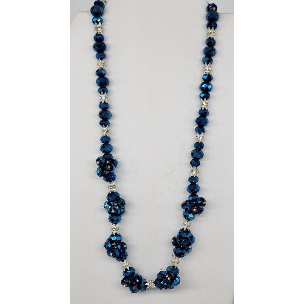 Royal Blue Beaded Metallic Statement Necklace Clear Rhinestones Silver Tone